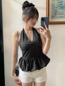 DAZY 女款圓領波點領結短袖T恤 夏季可愛上衣 - 黑色 - 查看 5