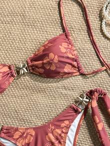 Swim Mod 女士热带印花两件式比基尼套装，休闲度假 - 彩色 - 查看 4