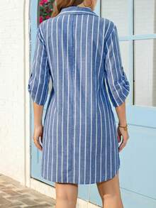 SHEIN Clasi 女款藍白條紋拼接休閒海濱風保守日常度假沙灘外出連身裙 秋季 - 藍白色 - 查看 2