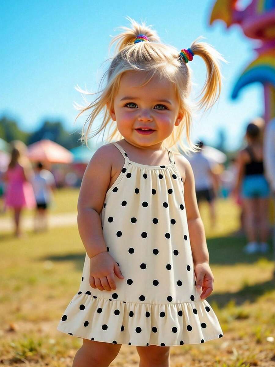 SHEIN Playful Pals 女嬰夏季細肩帶洋裝，白色底色搭配滿版圓點印花，活潑優雅復古極簡風，細肩帶設計適合夏季，女孩夏季穿搭的甜美選擇，適合女嬰夏季休閒舒適穿著，適合戶外玩耍穿搭 - 彩色 - 查看 1