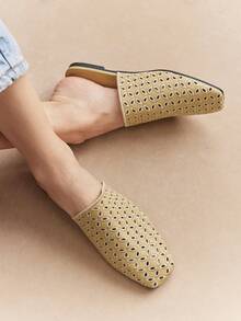 Rosivie Zapatos planos para mujer de moda nueva con tejido calado, punta cerrada cuadrada, sin cordones y suela dorada - Oro 1 - Ver 3
