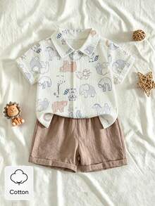 SHEIN Vintaside Kids Infant Toddler Baby Boys Summer Cute Animal 2-Piece Set, Collared Short Sleeve Button-Up Shirt With Cute Cartoon Animal Print And Elastic Waist Shorts, Baby Boy Shirt Set, Baby Summer Set, Baby Boy Cute Animal Set, Baby Clothing, Baby Boy Summer Shirt And Shorts 2-Piece Set - Khaki - View 5