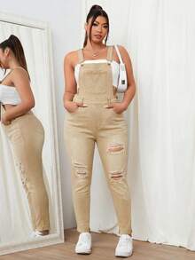 SHEIN EZwear 大码女式口袋破洞修身牛仔连体裤 - 卡其色 - 查看 4
