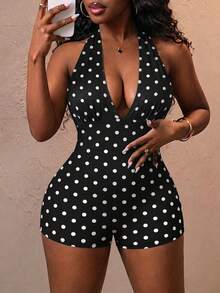 Slaydiva Plus Size Polka Dot Casual Bodysuit, Suitable For Summer - Multicolor - View 3