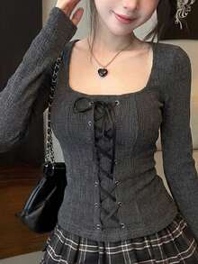 DAZY Camiseta de mujer de manga larga con cuello cuadrado, corte slim fit, elegante y gótica, color gris oscuro con bloques de color, con cordones y lazos, para bodas, salidas nocturnas, moda y fiestas, top lindo de otoño - Gris Oscuro - Ver 4