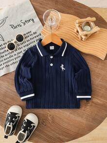 Souflis Souflis 1pc Spring/Autumn Baby Boy Casual Minimalist Navy Blue Long Sleeve Button Collar Polo Shirt, Baby POLO Shirt Top, Baby Boy Preppy Old Money Style Top, Baby Boy Spring/Autumn Top, Baby Pullover - Blue - View 8