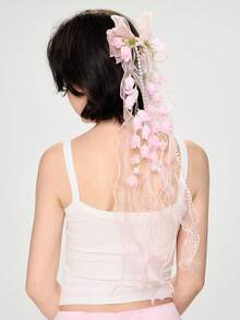 ROMWE Kawaii 1个女士优雅蝴蝶结发夹，甜美仙女大蝴蝶结发夹，百搭芭蕾百合花网纱蝴蝶结鸭嘴夹发饰，精致花朵蝴蝶结发卡，适合节日或日常佩戴，爪夹 - 彩色 - 查看 3