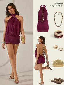 SHEIN Tall 2026 Women's Spring/Summer Resort Collection: New Arrival-Deep Purple Off-The-Shoulder Mini Dress, Tall Women Party Vacation Night Out Sexy - Red Violet - View 6