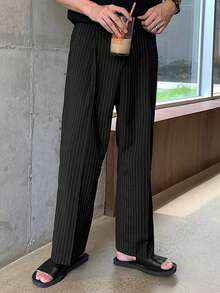 DAZY Long Striped Pleated Design Men's Pants Fall - Black - View 4