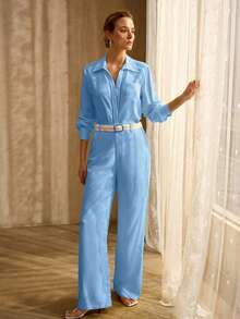 MOTF PREMIUM BUTTON FRONT LONG SLEEVE TOP & POCKET PANTS SET - Blue - View 4