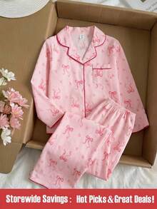 SHEIN 女学生睡衣，女孩可爱樱桃印花长裤和长袖休闲两件套家居服套装 - 彩色 - 查看 1