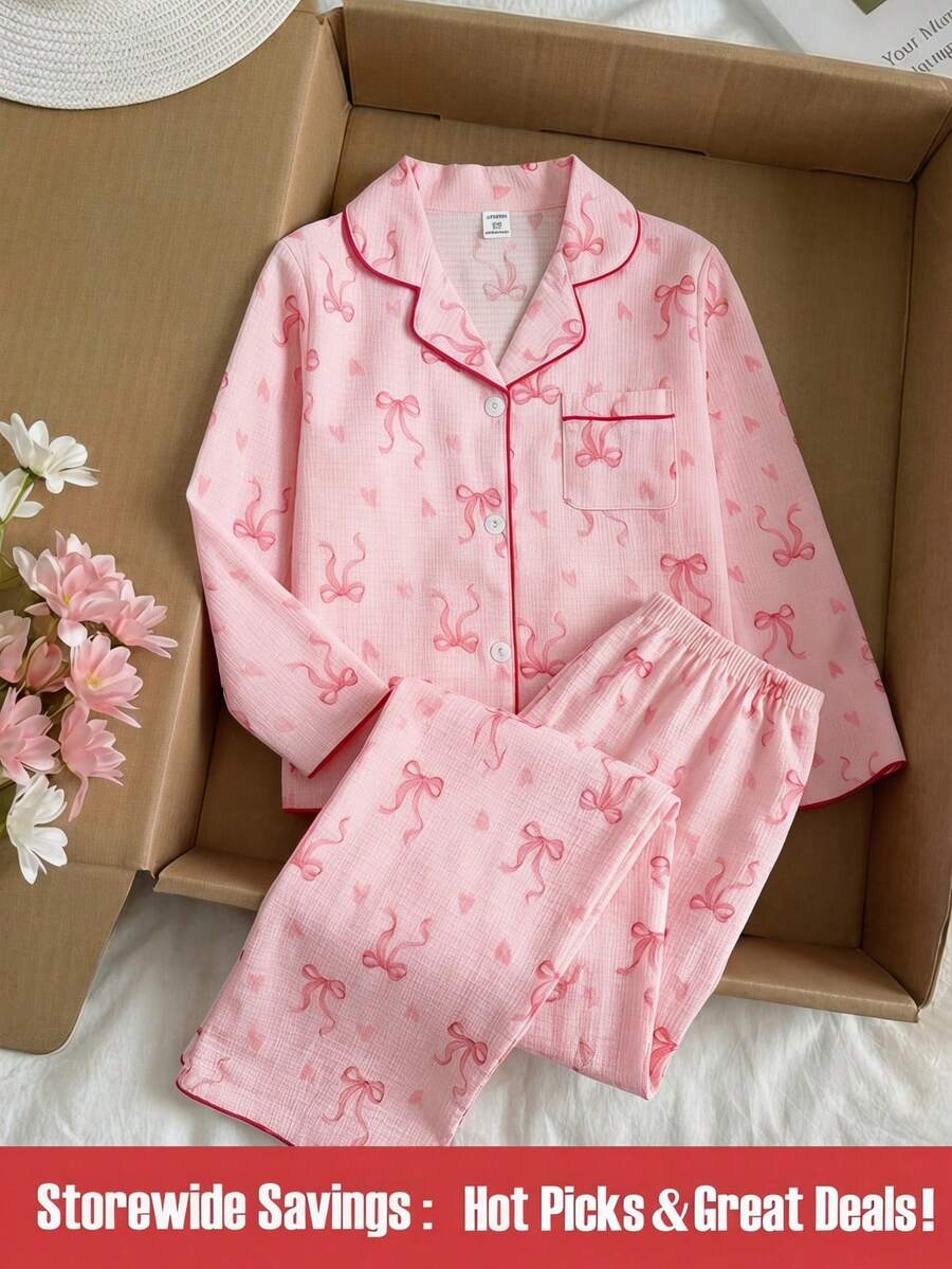 SHEIN 女学生睡衣,女孩可爱樱桃印花长裤和长袖休闲两件套家居服套装 - 彩色 - 查看 1