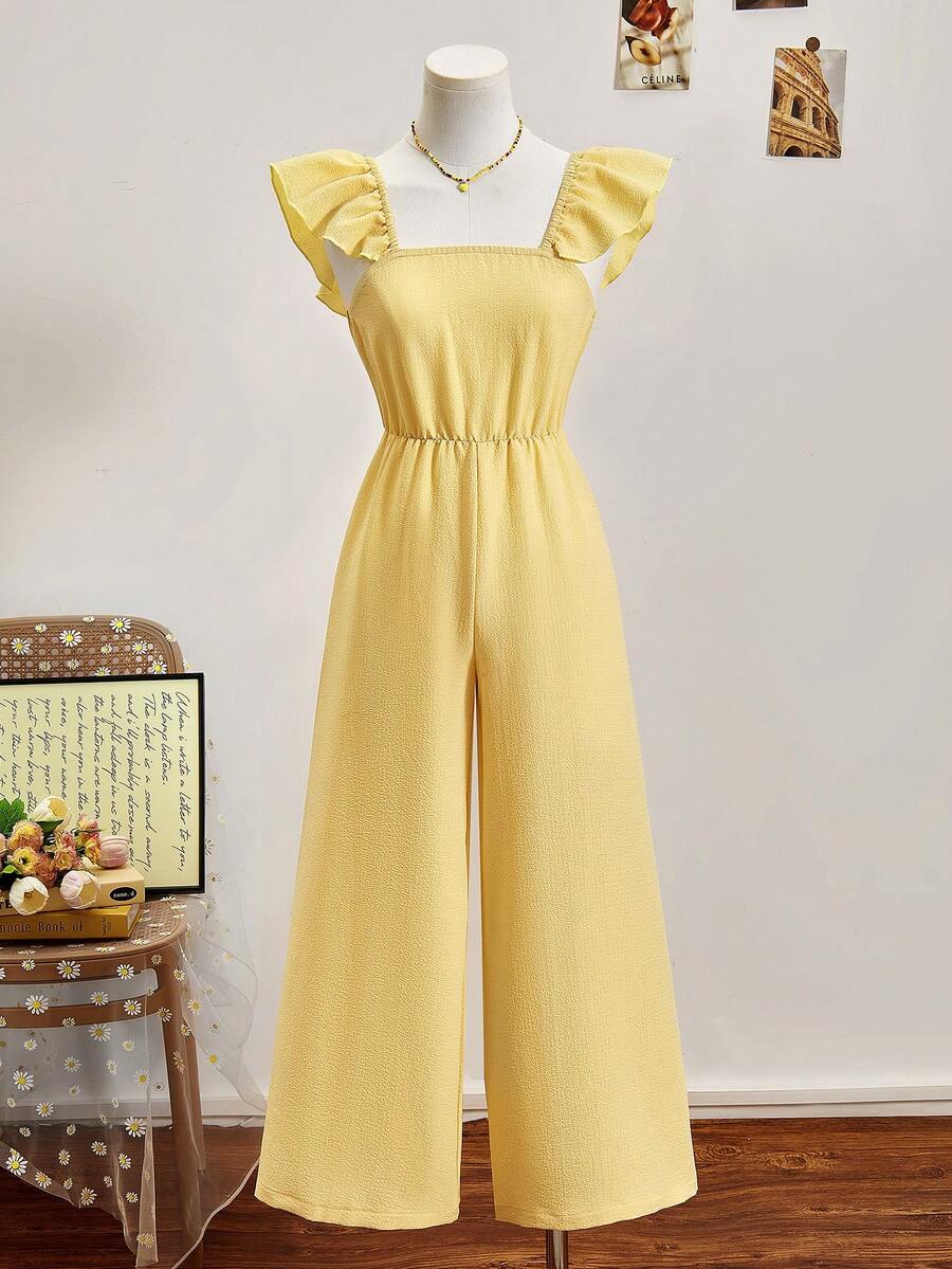 SHEIN 女童連身褲,清新黃色,優雅荷葉邊飾,適合日常穿著、外出、度假及其他場合 - 黃色 - 查看 1