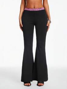 Hanevo Women's Solid Color Lace Patchwork High Waist Slim Fit Flared Pants, Versatile For Daily Wear - Black - View 1