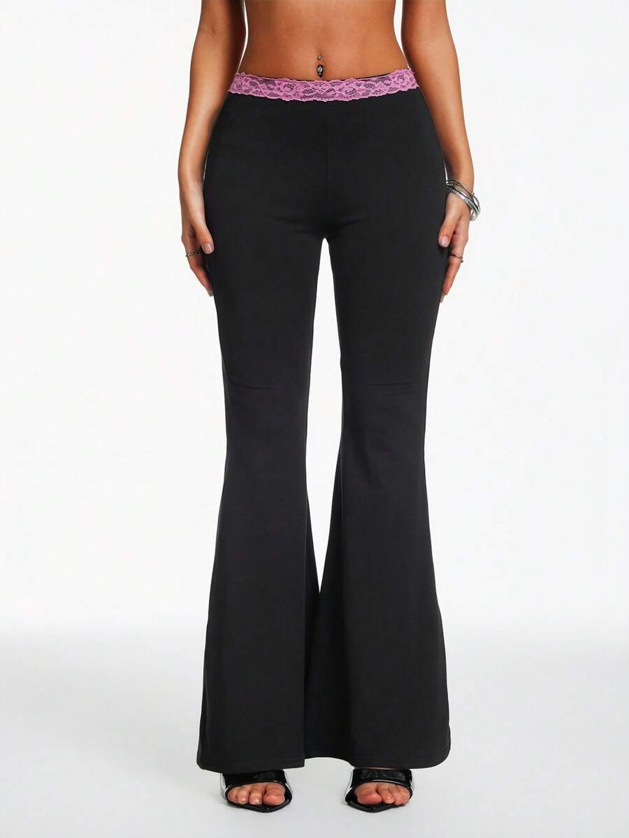 Hanevo Women's Solid Color Lace Patchwork High Waist Slim Fit Flared Pants, Versatile For Daily Wear - Black - View 1