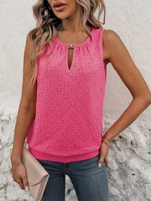 Vaclyn Women's Vacation Hollow Design Keyhole Neckline Casual Tank Top - Hot Pink - View 6