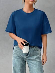 SHEIN Essnce 純棉舒適女款極簡基本款前短後長T恤，時尚百搭，適合外出、穿搭、旅行與度假 - 藍色 - 查看 6