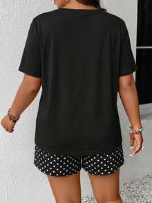 SHEIN Frenchy 2件組大尺碼夏季度假黑色T恤與波點短褲套裝 - 彩色 - 查看 3