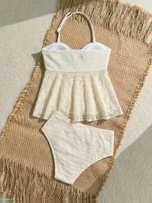 Travachic KIDS Travachic Tween Girl Tween Girl Textured Knit Apricot Halter Tankini Swimwear Set - Beige - View 2
