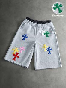 男士街頭風熱銷Ins風TK Pavtros品牌多色毛巾刺繡十字雙腰灰色七分長運動長褲，適合日常穿著、情人節禮物、居家遊戲、戶外音樂節、日常出遊、街頭玩樂、朋友聚會、兒童禮物、男友/丈夫禮物、週年紀念禮物 - 淺灰色 - 查看 3
