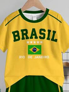 Young Boy Casual Simple T-Shirt Set, Classic Striped Sporty Pattern Print, Number 10 Text Print, Brazil Flag Pattern Print, Suitable For Sports, Suitable For Spring And Summer - Multicolor - View 5