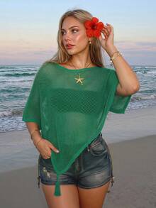 SHEIN ICON Plus Size Women's Green Autumn Boho Sexy Vacation Holiday Retro Y2K Off-Shoulder Tassel Loose Shawl Sweater Top,Millennial Style Urban Modern Beach - Green - View 9