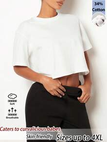 SHEIN BASICS Casual Cropped Round Neck Short Sleeve T-Shirt, Suitable For Summer - White - View 1