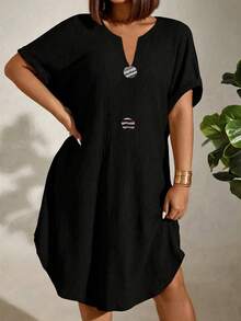 EMERY ROSE CURVE Plus Size Women's Spring/Summer Solid Color Knit Textured Fabric V-Neck Curved Hem Personalized Large Button Decor Loose Casual Home Comfortable Mid-Length Dress - Black - View 4