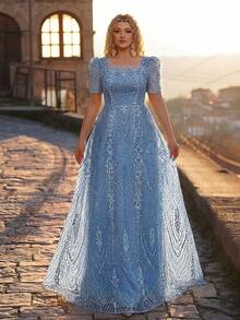 Glamrae Plus Size Elegant Romantic Champagne Square Neck Short Sleeve Sheer Rhinestone & Pearl Embellished A-Line Evening Gown For Wedding Party Celebration Formal Occasion Event (Heavy Work Design) - Dusty Blue - View 5
