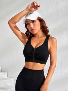 SHEIN Sports Sujetador deportivo negro con cremallera delantera y espalda de corredor para mujer - Negro - Ver 4