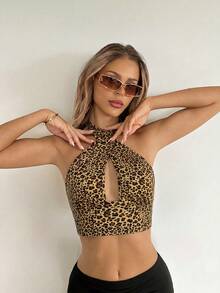 SHEIN ICON 女款性感夏季海灘度假風豹紋鏤空胸前短版掛脖上衣 - 彩色 - 查看 1