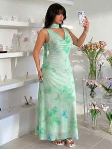 GalTyme Light Green Floral Print Ruffle Neck Sleeveless Plus Size Dress Vacation Summer Elegant - Multicolor - View 3