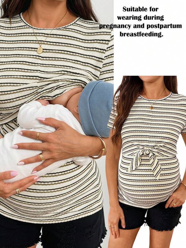 SHEIN 孕婦休閒條紋前綁式哺乳上衣，夏季