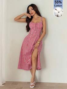 SHEIN PETITE 女款格紋肩帶中長洋裝，時尚適合夏季，適用新年、聖誕、度假、休閒、海灘、情人節、假日度假村，小碼女款 - 紅白色 - 查看 7