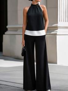 SHEIN LUNE CURVE Women's Plus Size Black & White Color Block Halter Neck Tank Top & Loose Wide Leg Long Pants, Casual Daily Outing 2-Piece Set, Elegant Business Vintage French Street Style, Graduation Season, Beach Vacation Summer New 2-Piece Set - Black and White - View 3