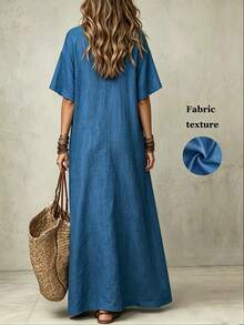 SHEIN Franclia 休閒度假寬鬆女款洋裝，V領短袖洋裝，柔軟垂墜紋理面料夏季洋裝，荷葉邊喇叭袖寬鬆洋裝，女款沙灘洋裝，女款度假洋裝，波希米亞洋裝，純色洋裝，藍色洋裝，日常休閒百搭洋裝，女款亞麻洋裝 - 中等水洗藍 - 查看 2