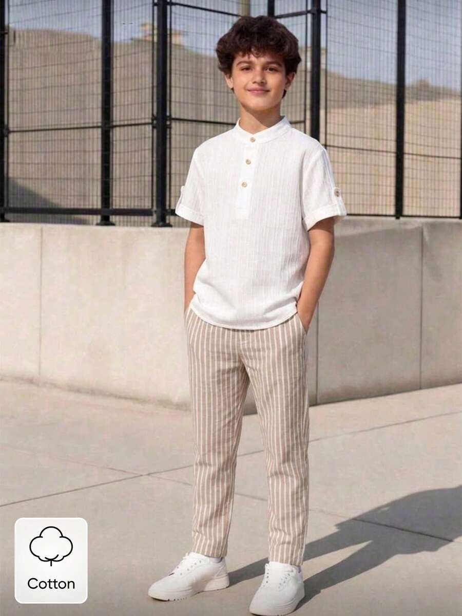 2件組 男童夏季立領休閒百搭襯衫 & 素色極簡口袋長褲套裝,適合日常出遊與戶外穿著 - 彩色 - 查看 1