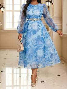 Fleurora Plus Size Women's Floral Print Round Neck Lantern Sleeve Elegant Dress - Blue - View 7
