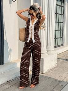 Serisse Women's Summer Elegant Lace Patchwork Polka Dot Print Tank Top & Long Pants 2 Pieces Set - Multicolor - View 3
