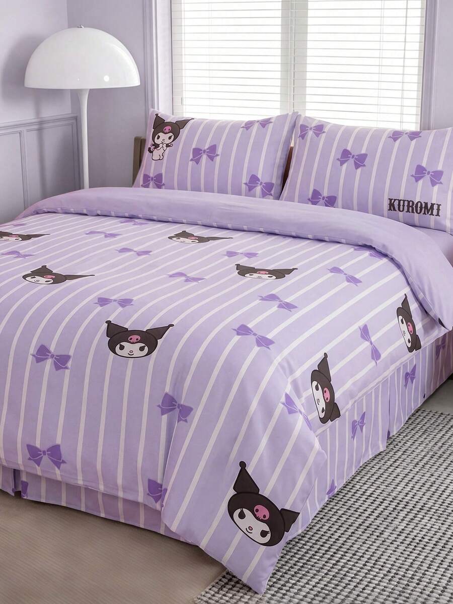 HELLO KITTY AND FRIENDS | SHEIN 3件組紫色條紋蝴蝶結裝飾被套組,卡通角色圖案,材質光滑柔軟保暖,多尺寸適用於單人床/雙人床/加大床/特大床,創意禮品、派對、節日、復古床上用品 - 紫色 - 查看 1