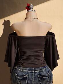 SHEIN ICON 大尺碼女款素色百褶露肩休閒百搭日常外出上衣 - 棕色 - 查看 2