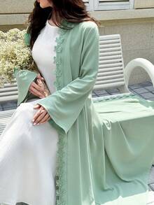 Yasmyna 精緻刺繡緞帶日常素色寬鬆女款阿拉伯長袍 - 綠色 - 查看 4