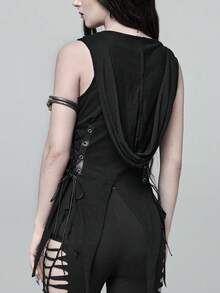 ROMWE Goth Forbidden Art 女款連帽上衣 金屬扣飾 繫帶抽繩設計 不對稱下擺 破舊風 性感 - 黑色 - 查看 2