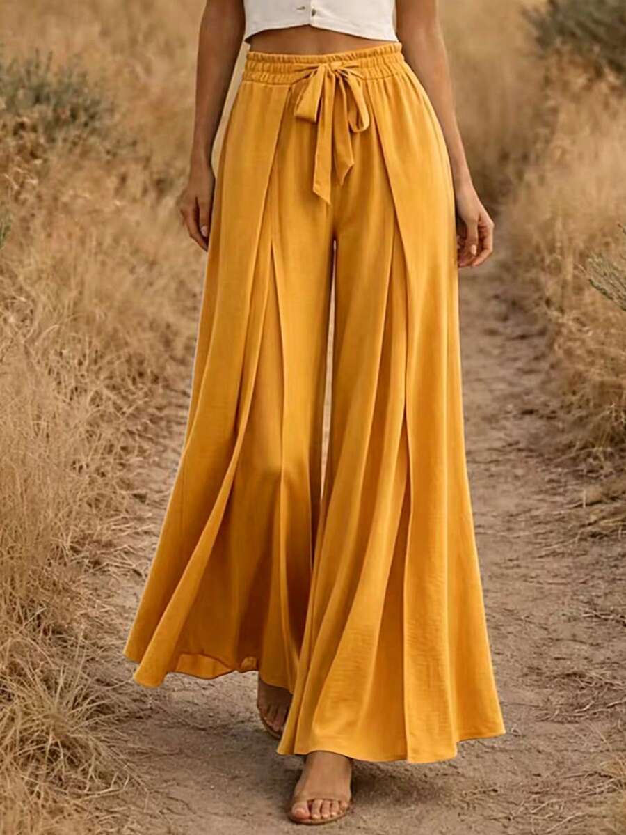 EMERY ROSE Pantalones largos de pierna ancha de unicolor para mujer en verano - Amarillo - Ver 1