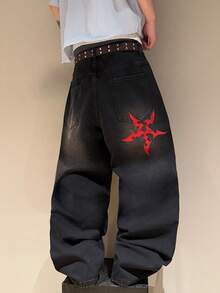 STEELVANCE Men's Printed Pattern Loose Straight Leg Denim Pants - Black - View 6