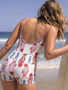 Swim SPRTY 2026 Spring/Summer New Off-White Fun Fish Stripe Patchwork Print Sports Tropical Vacation Beach Seaside Casual Women's One-Piece - Multicolor - View 1