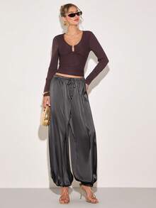 COSMINA Women's Drawstring Draped Tapered Wide Leg Long Pants - Grey - View 5