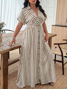 Weeklong Plus Size Women's Spring/Summer Colorful Retro Striped Print Long Sleeve Twist Knot Shirt Collar A-Line Casual Vacation Maxi Dress - Multicolor - View 1