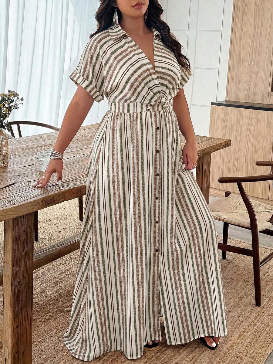 Weeklong Plus Size Women's Spring/Summer Colorful Retro Striped Print Long Sleeve Twist Knot Shirt Collar A-Line Casual Vacation Maxi Dress - Multicolor - View 1