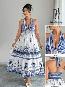 SHEIN Clasi Women's Plus Size Spring/Summer Elegant Boho Vintage Print Deep Shirred Halter Tie-Up Ruched Dress Beach Vacation Blue And White - Multicolor - View 1